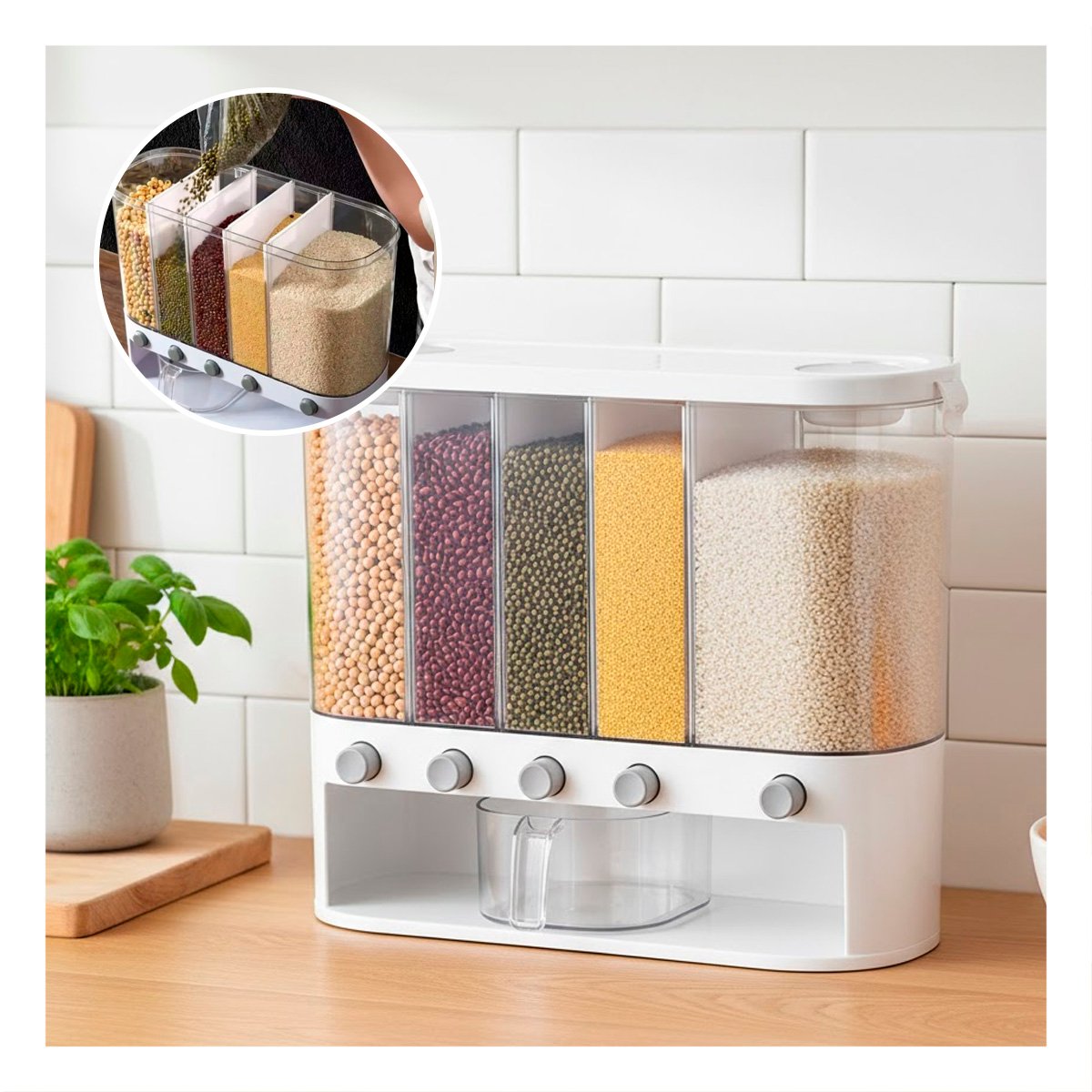 DISPENSADOR DE GRANOS OVALADO 10L BLANCO Y TRANSPARENTE PARA ALMACENAMIENTO SEGURO - 3