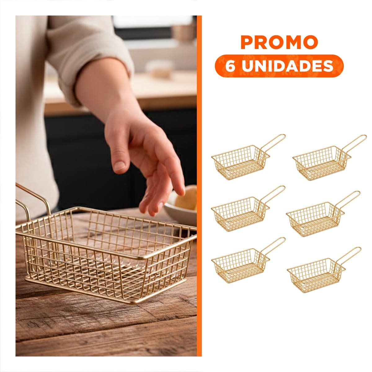 PACK6 REJILLA RECTANGULAR PARA FREIR DORADO CON ASA LARGA EN COCINA COMERCIAL YREGALO STICKER - 1