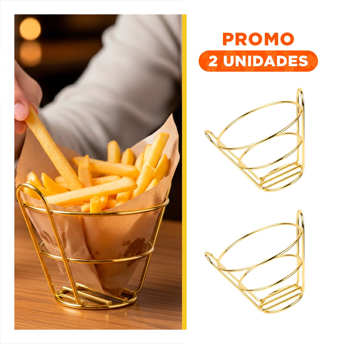 PACK2 CESTA PARA FREIR EN FORMA DE CONO COLOR DORADO PARA PREPARACION SEGURA YREGALO STICKER - 1