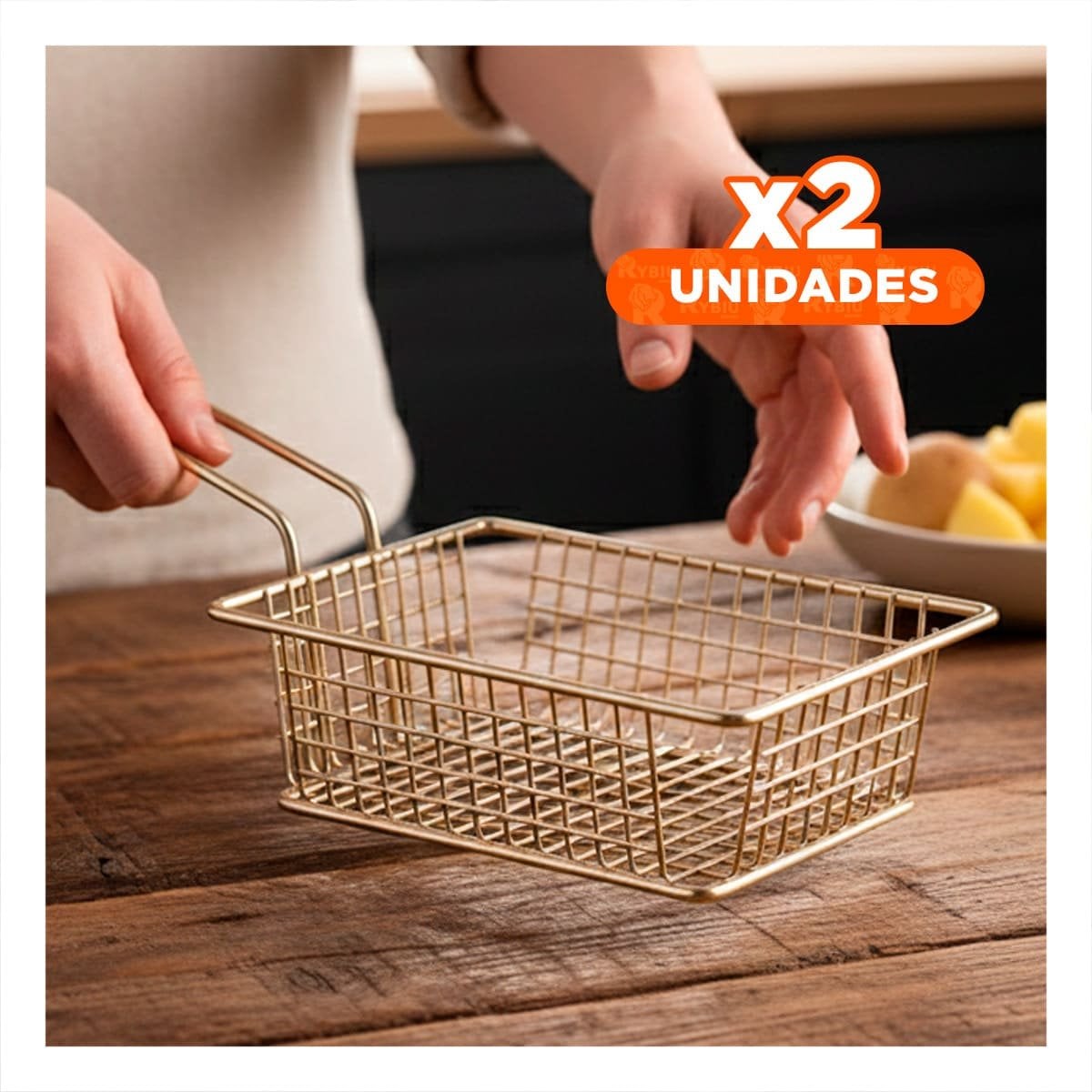 PACK2 CESTA RECTANGULAR DORADO CON ASA LARGA PARA COCINA DE RESTAURANTE YPAPEL REGALO - 1