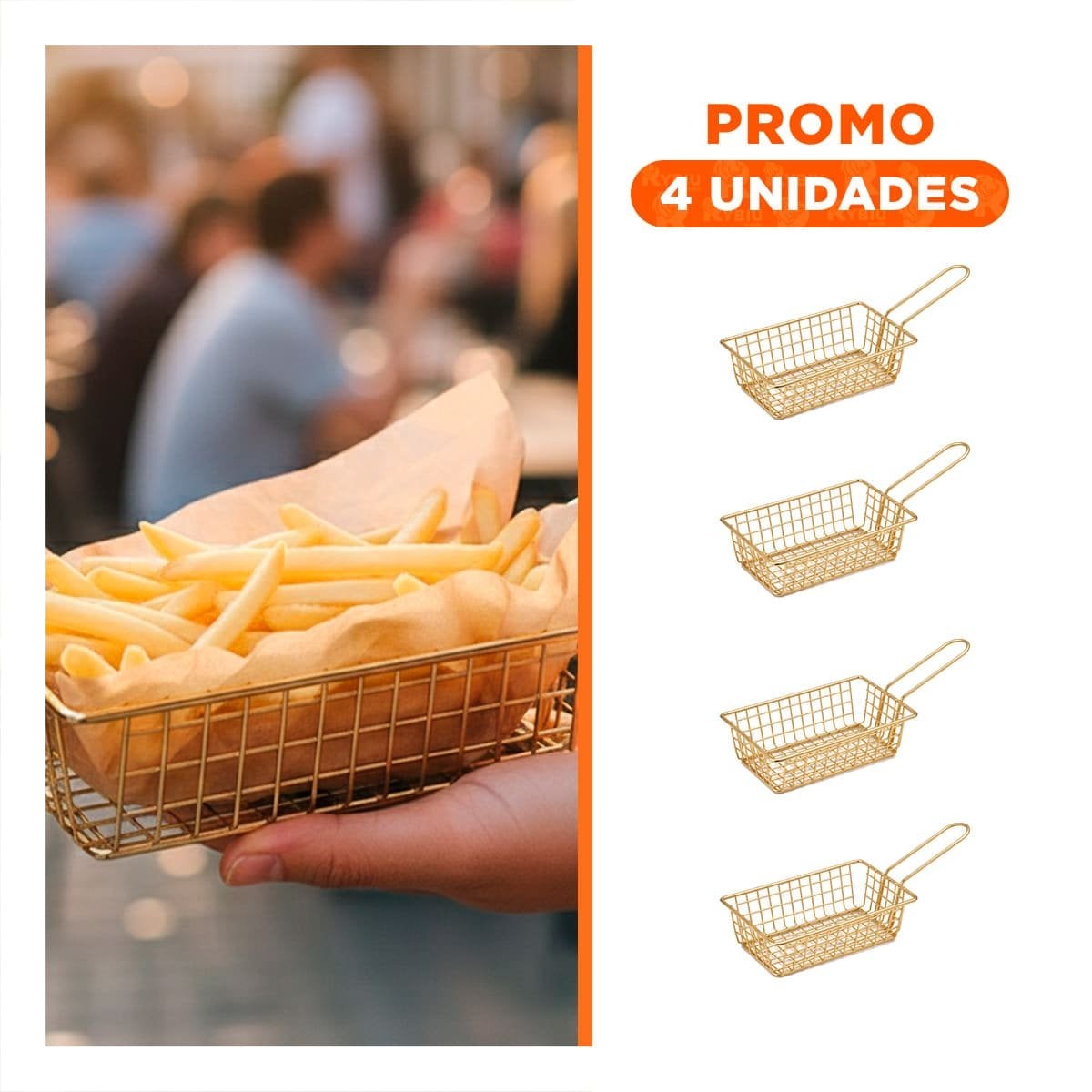 PACK4 CESTA RECTANGULAR DORADO CON ASA LARGA PARA COCCION UNIFORME - 1