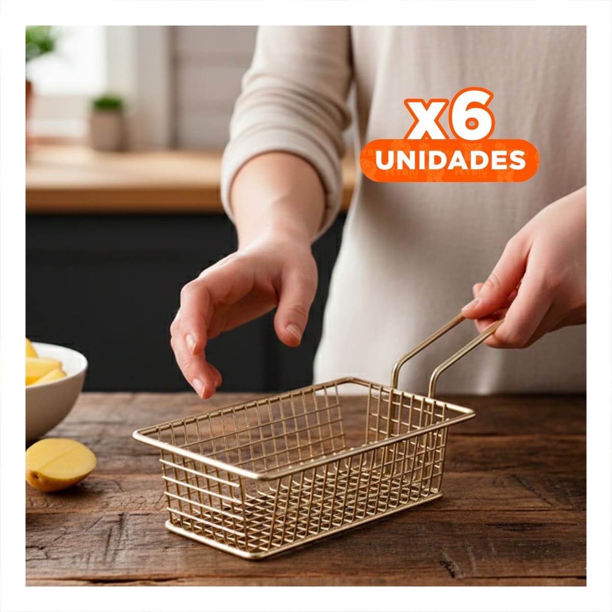 PACK6 REJILLA PARA FREIR RECTANGULAR DORADO CON ASA LARGA RESISTENTE YPAPEL REGALO - 1