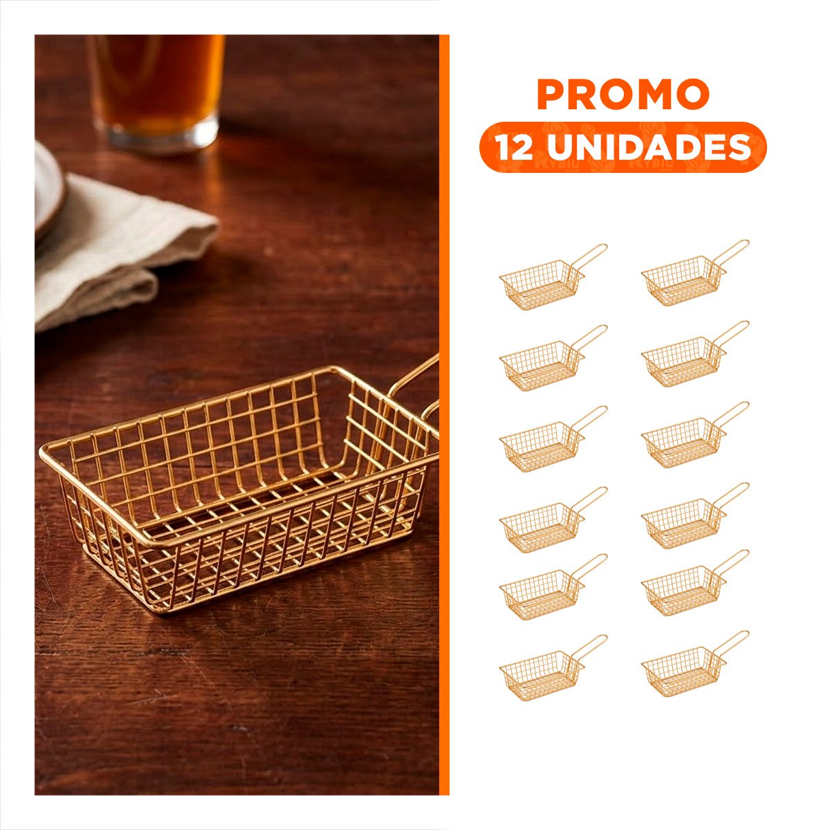 PACK12 REJILLA PARA FREIR RECTANGULAR DORADO CON ASA LARGA PARA COCINA PROFESIONAL - 1