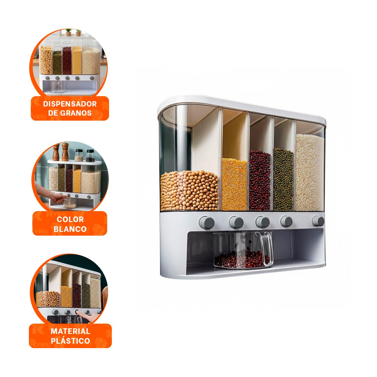 DISPENSADOR OVALADO DE GRANOS 10L BLANCO Y TRANSPARENTE PARA COCINA ORGANIZADA YPAPEL REGALO - 5