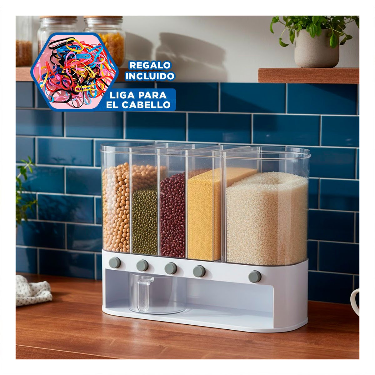 DISPENSADOR DE GRANOS 10L OVALADO EN BLANCO Y TRANSPARENTE PARA USO DIARIO YLIGAS REGALO - 2