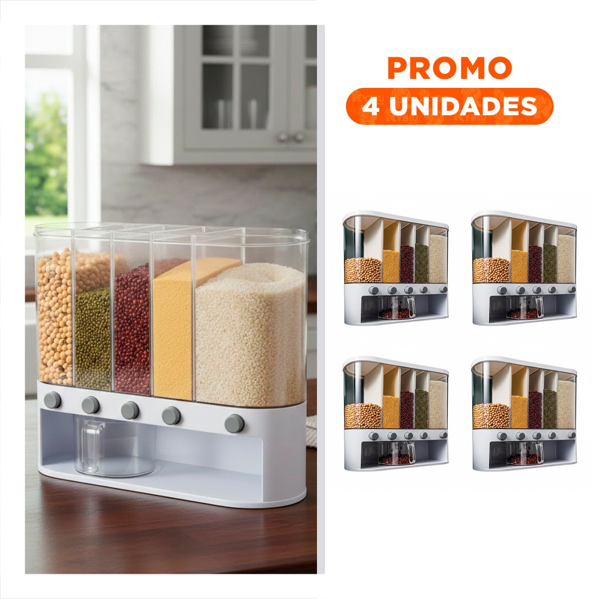 PACK4 CONTENEDOR DE GRANOS EN BLANCO Y TRANSPARENTE OVALADO 10L PRACTICO - 1