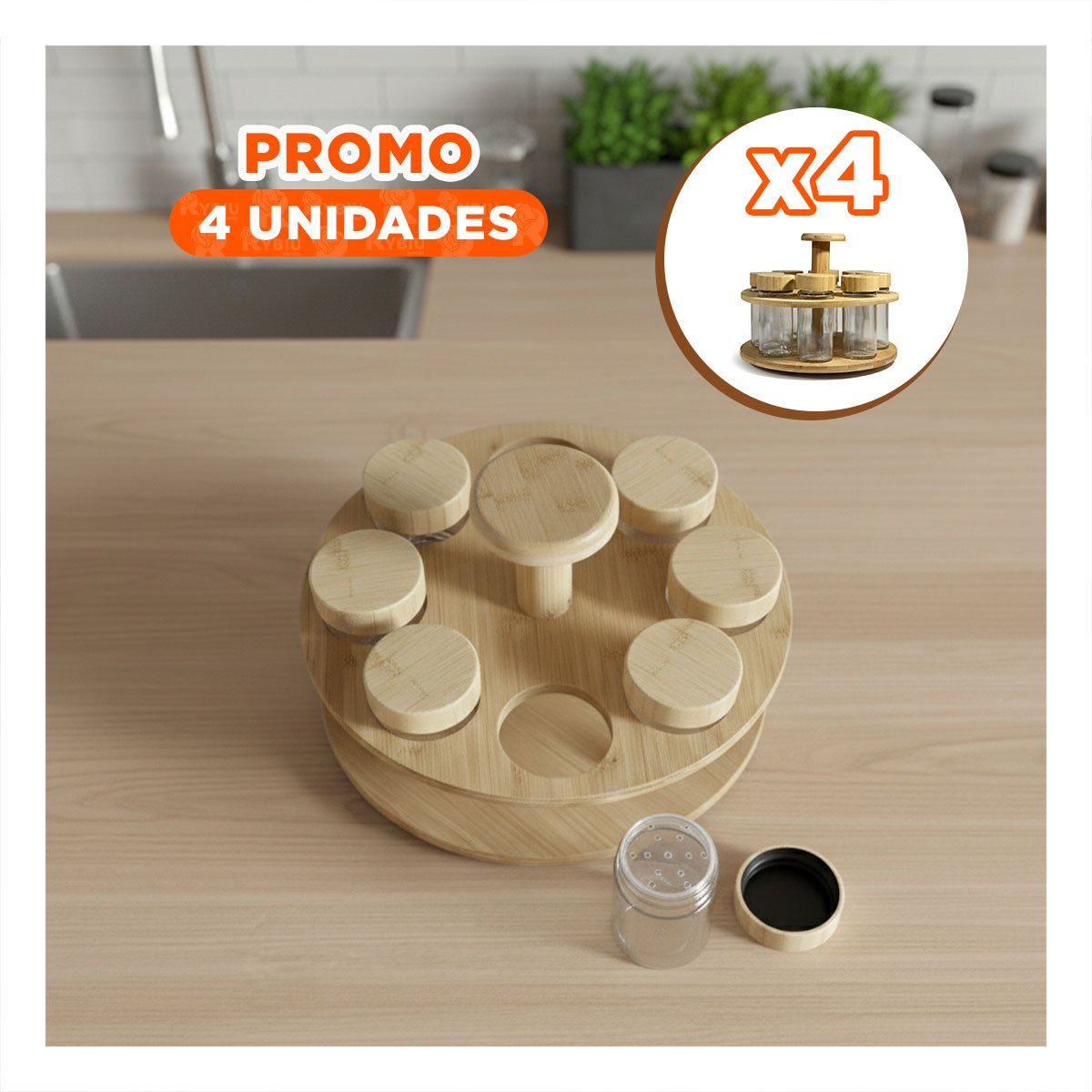 PACK4 RECIPIENTE GIRATORIO CON 8 FRASCOS PARA ACCESO FACIL A ESPECIAS YREGALO STICKER - 1