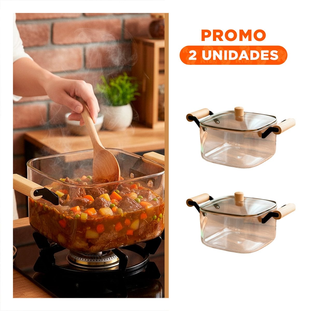 PACK2 CACEROLA RESISTENTE AL CALOR CON ASA DE MADERA 3500ML TRANSPARENTE YREGALO STICKER - 1