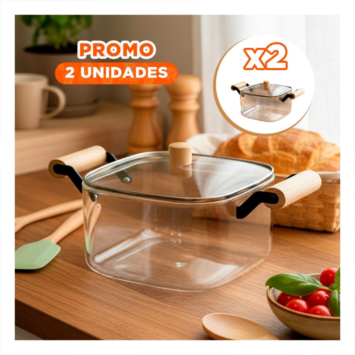 PACK2 CACEROLA TRANSPARENTE CON TAPA Y MANGO DE MADERA 3500ML - 1