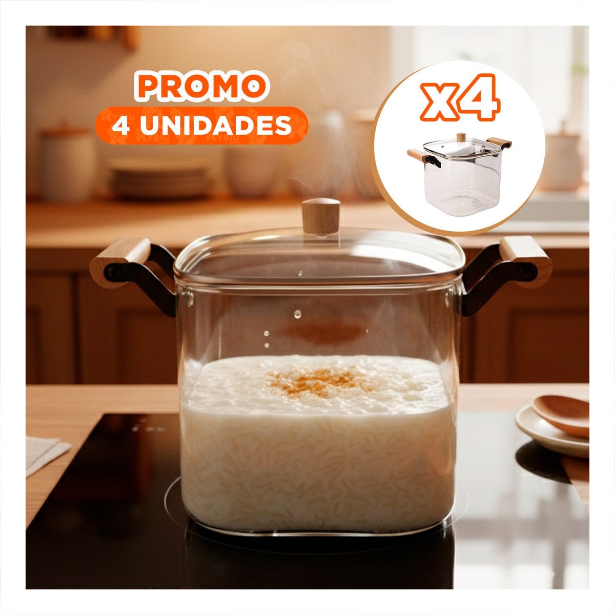 PACK4 VASIJA BOROSILICATO CON TAPA Y ASA DE MADERA 5500ML TRANSPARENTE YREGALO STICKER - 1