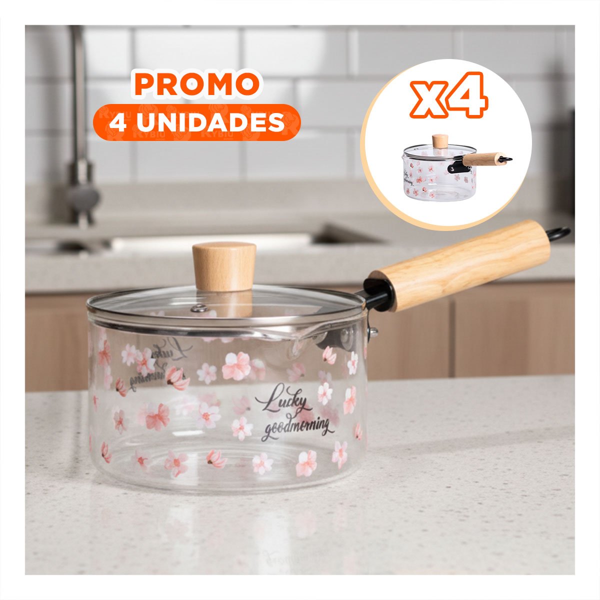 PACK4 VASIJA DE VIDRIO CON FLORES Y TAPA SEGURA TRANSPARENTE FLORES YREGALO STICKER - 1
