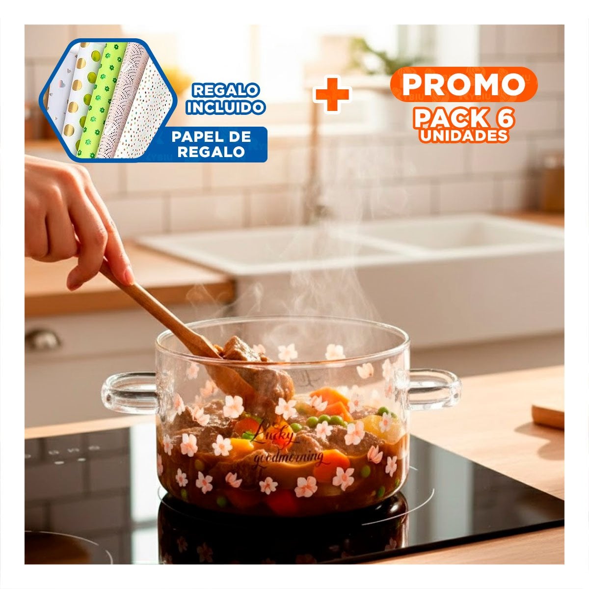 PACK6 HERVIDOR COMPACTO PARA COCINA DOMESTICA 1,8L TRANSPARENTE Y+PAPEL REGALO - 1