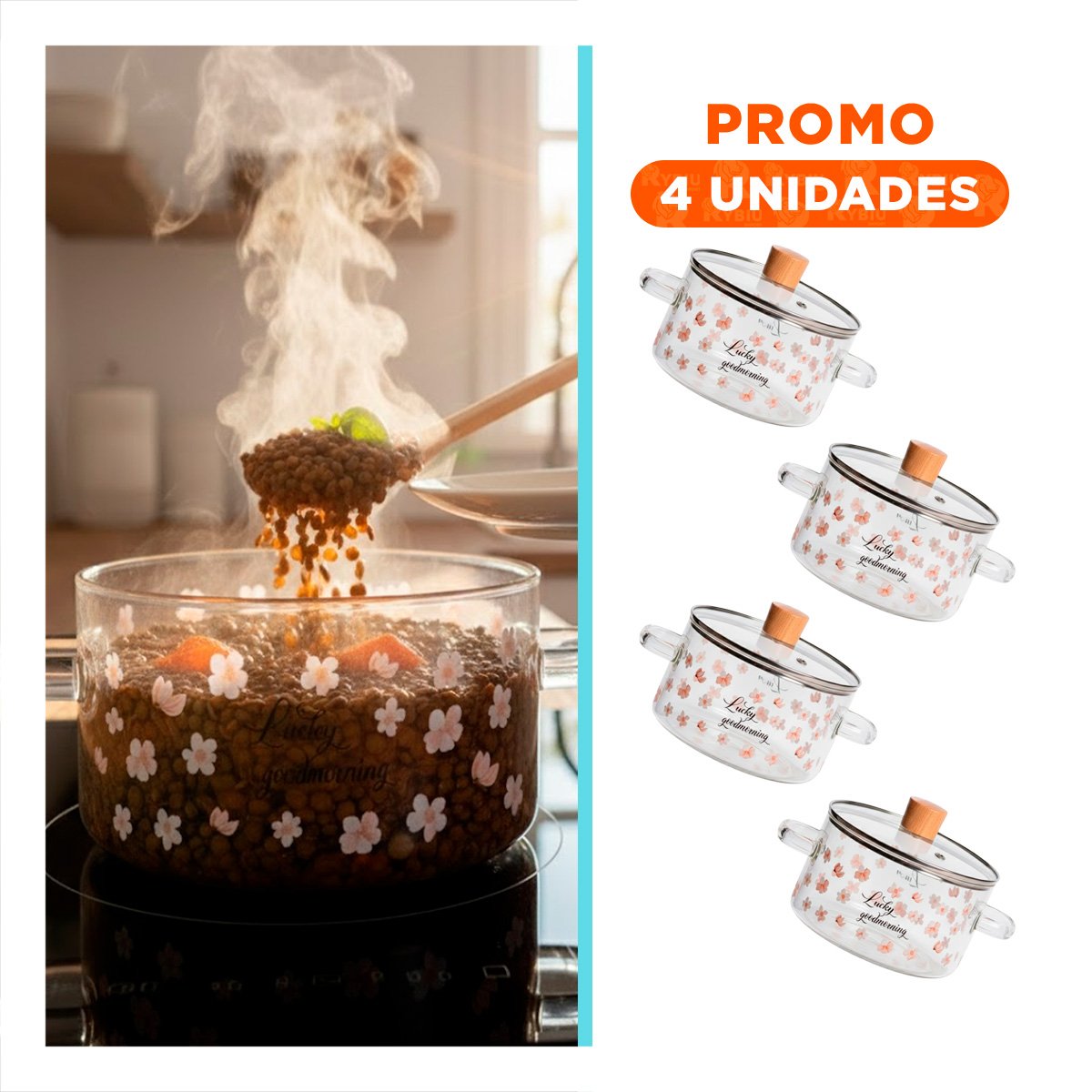 PACK4 HERVIDOR DE VIDRIO 1,8L CON TAPA AJUSTADA Y ASA SEGURA TRANSPARENTE Y+REGALO STICKER - 1
