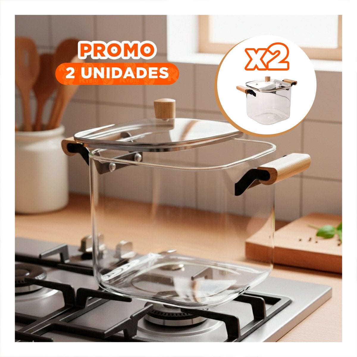 PACK2 HERVIDOR DE VIDRIO CON TAPA DE BOROSILICATO Y MANGO DE MADERA 5500ML TRANSPARENTE - 1