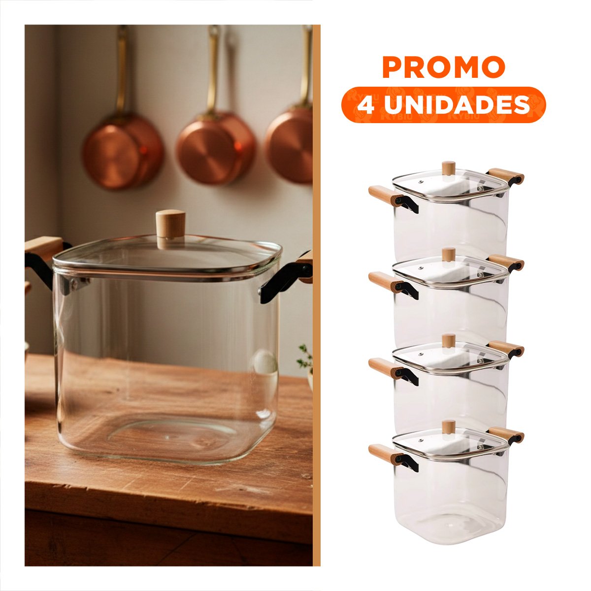 PACK4 HERVIDOR AMPLIO PARA AGUA Y SOPAS CON ASA DE MADERA 5500ML TRANSPARENTE - 1