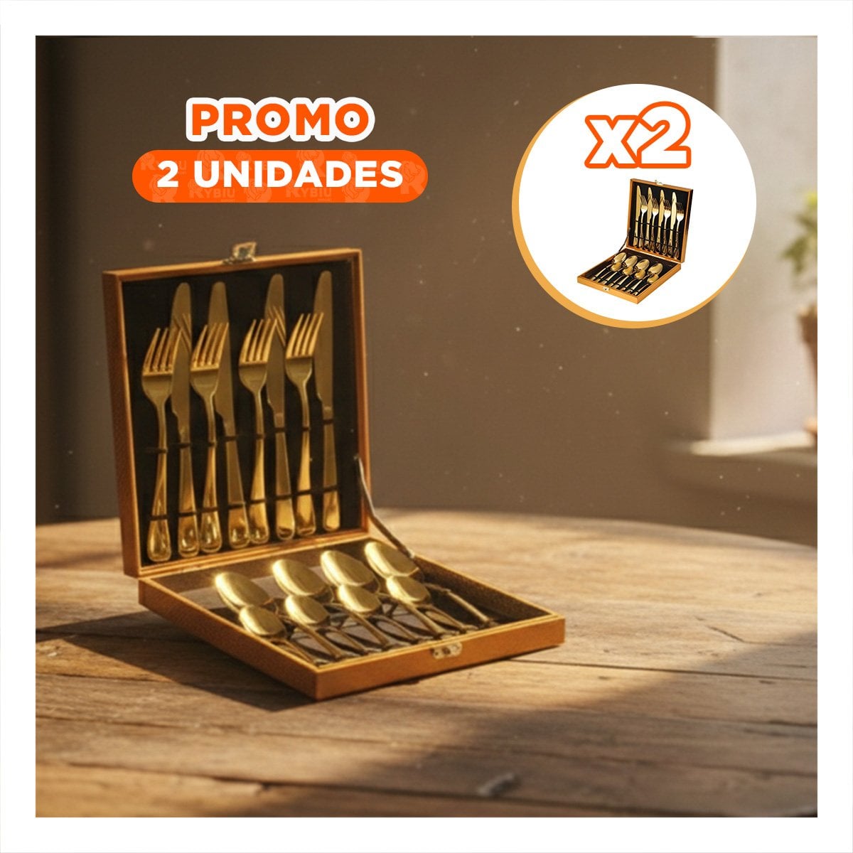 PACK2 KIT FAMILIAR 16 CUBIERTOS PARA COMPARTIR EN CASA DORADO YPAPEL REGALO - 1