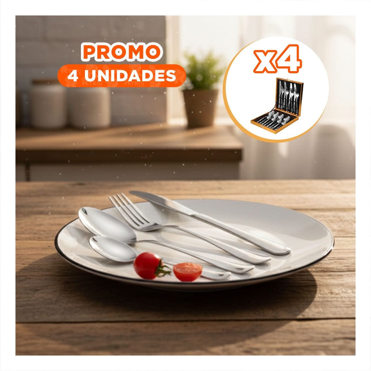 PACK4 LINEA DE 16 CUBIERTOS CON CAJA PARA COCINA PLATEADO YREGALO STICKER - 1