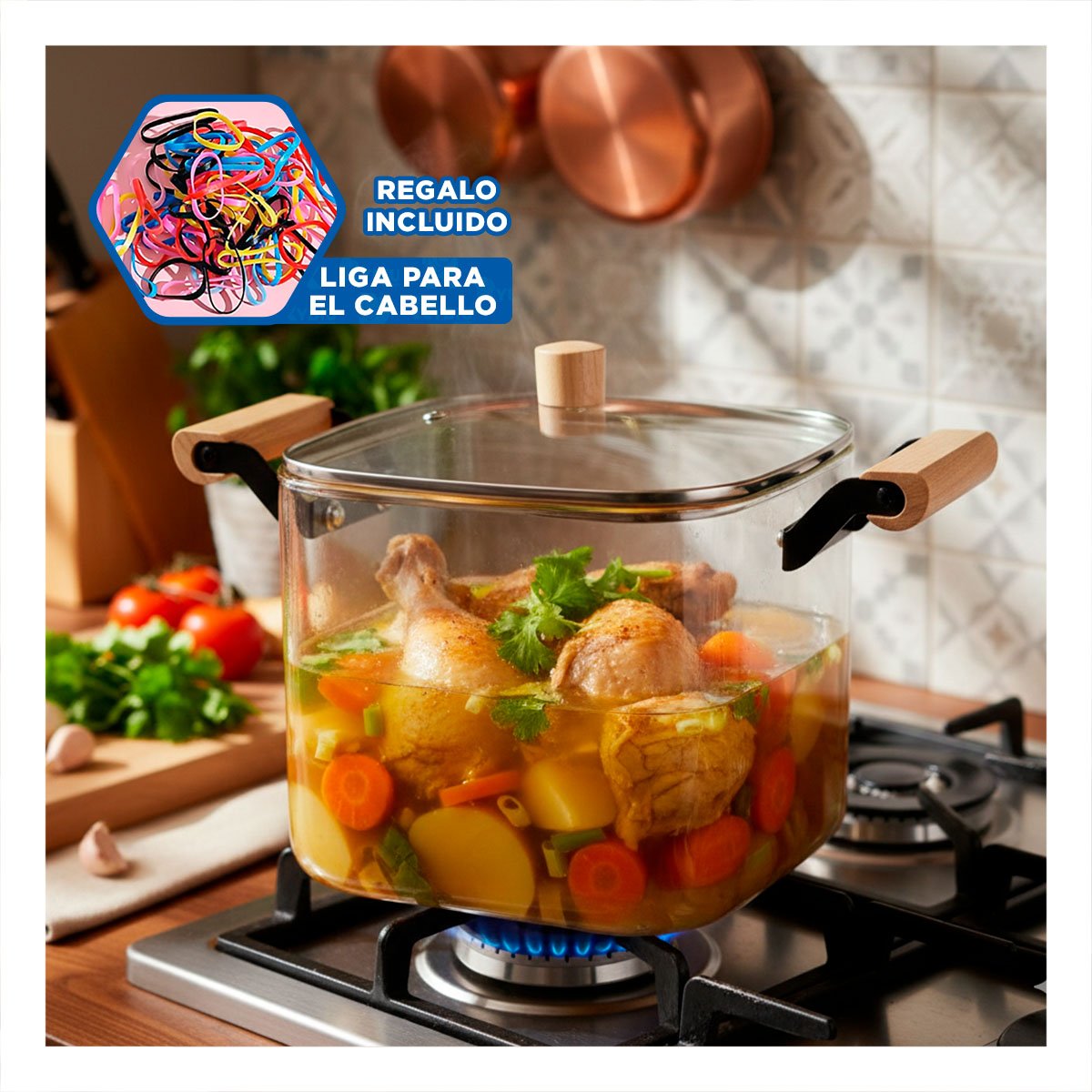 SOPERA DE COCINA MODERNA CON TAPA DE VIDRIO 5500ML Y ASA DE MADERA YLIGAS REGALO - 2