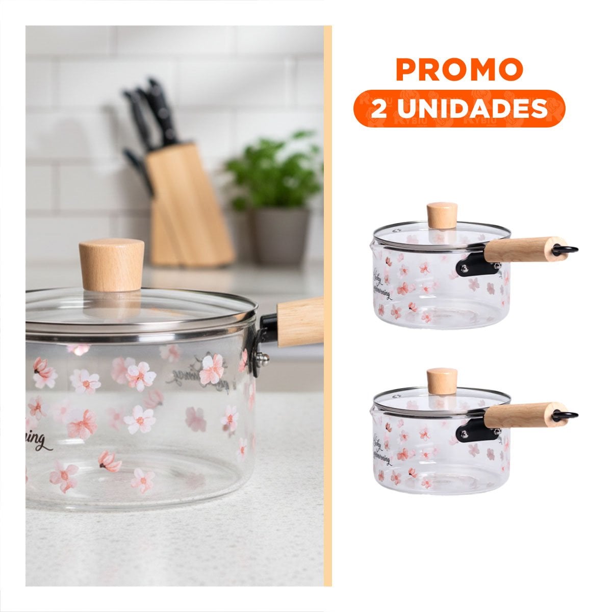 PACK2 CACEROLA RESISTENTE CON ESTILO FLORAL Y ASA DE MADERA TRANSPARENTE YREGALO STICKER - 1