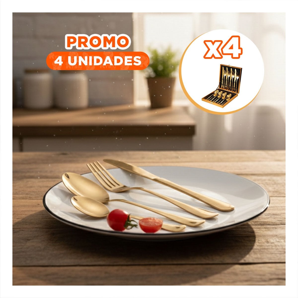 PACK4 KIT COMPLETO 16 CUBIERTOS CON CAJA PROTECTORA DORADO YPAPEL REGALO - 1