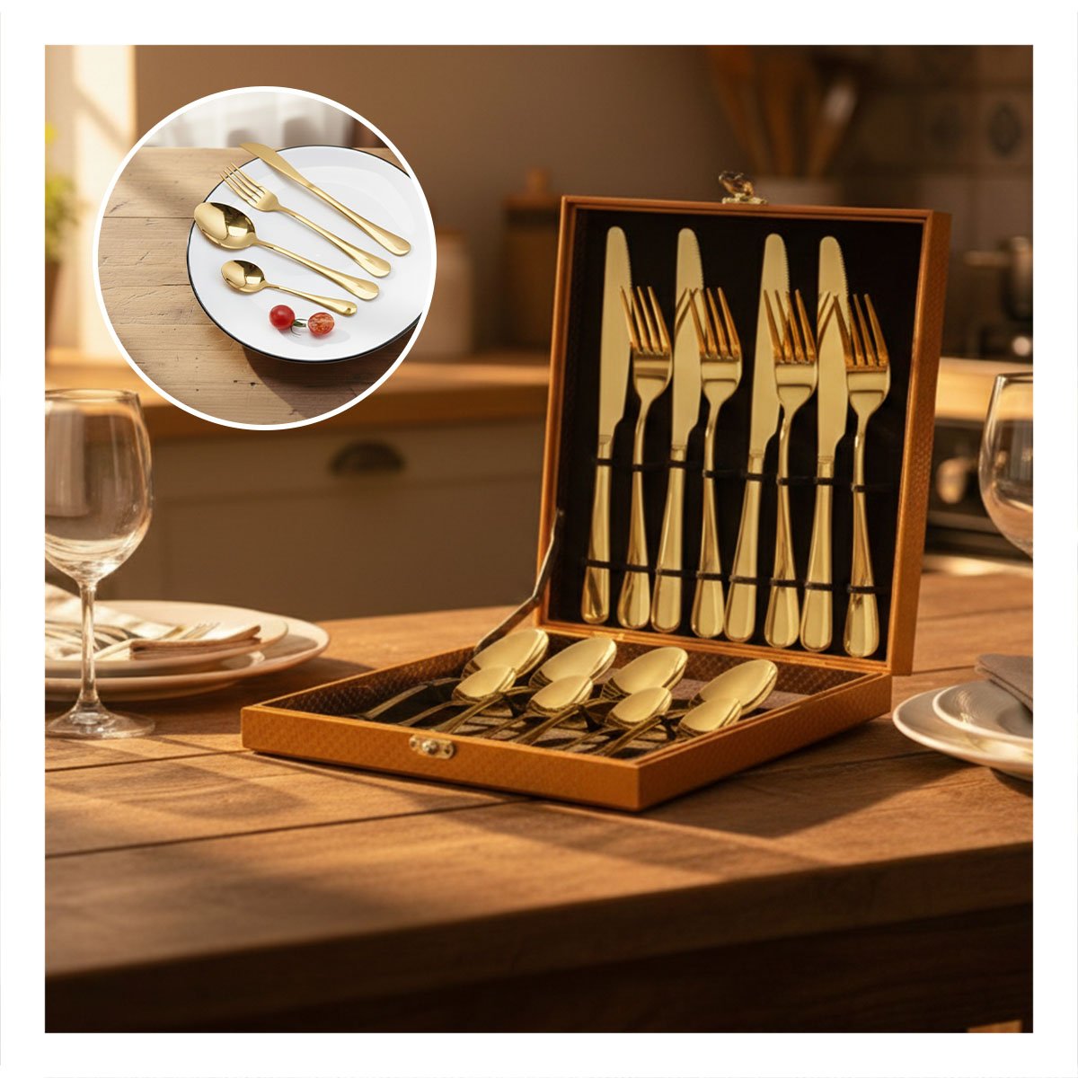JUEGO DE 16 CUBIERTOS ACABADO BRILLANTE PARA COMEDOR MODERNO DORADO YPAPEL REGALO - 2