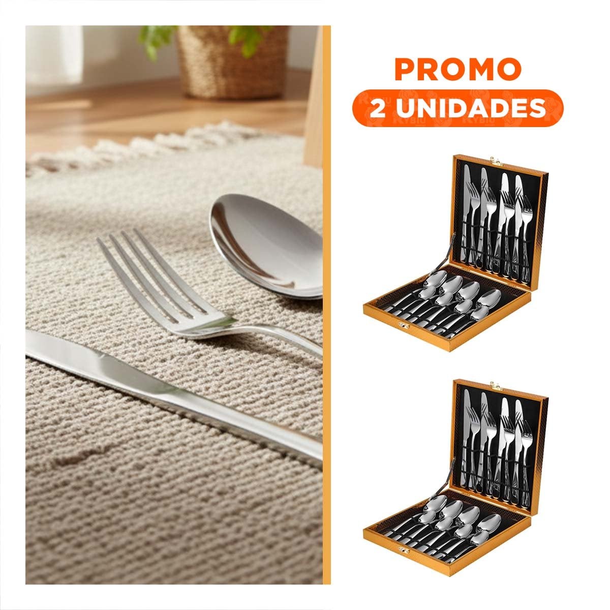 PACK2 VAJILLA DE CUBIERTOS 16 PIEZAS CON ESTUCHE ORGANIZADOR PLATEADO YREGALO STICKER - 1
