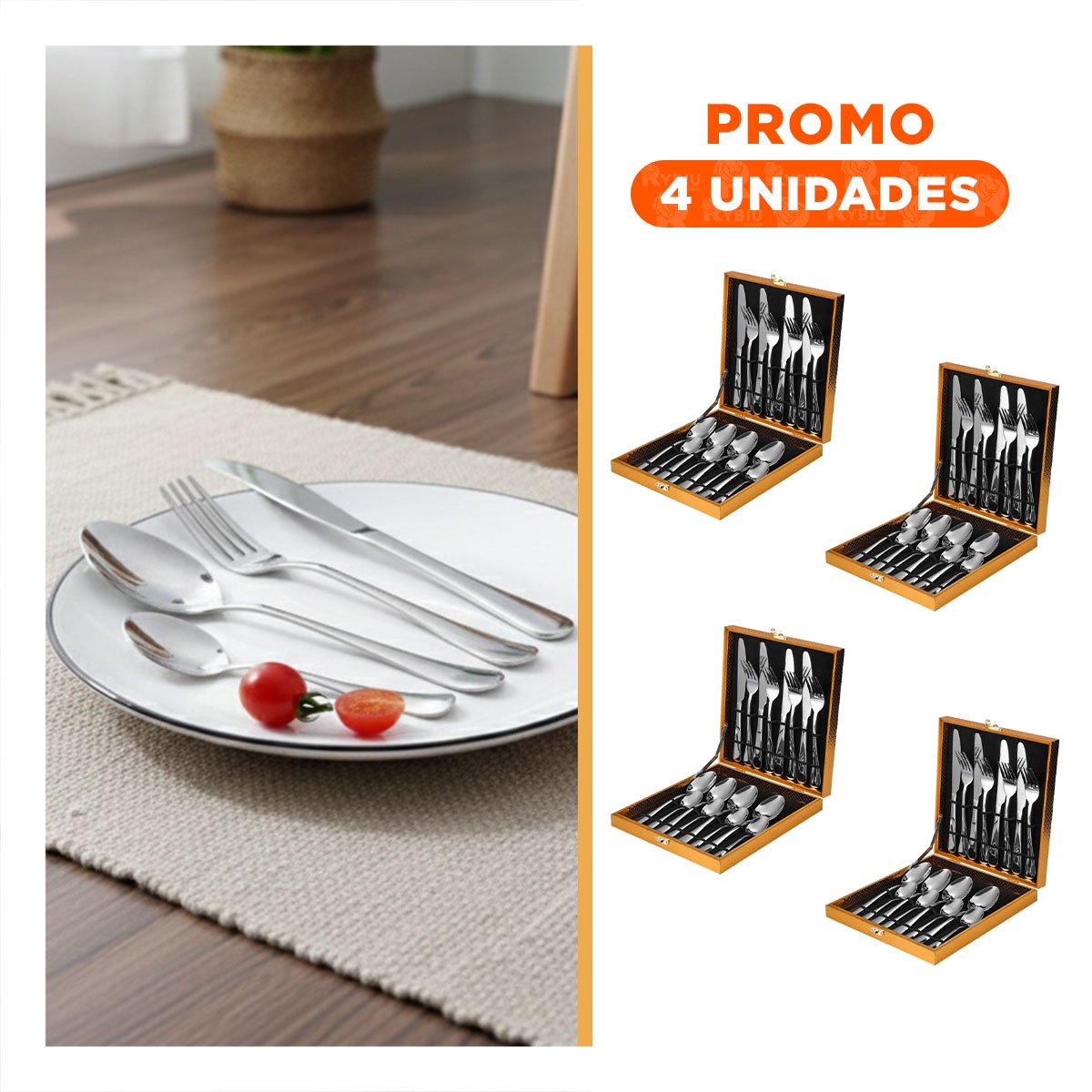PACK4 VAJILLA ELEGANTE PARA SERVICIO DE MESA CON 16 CUBIERTOS PLATEADO - 1