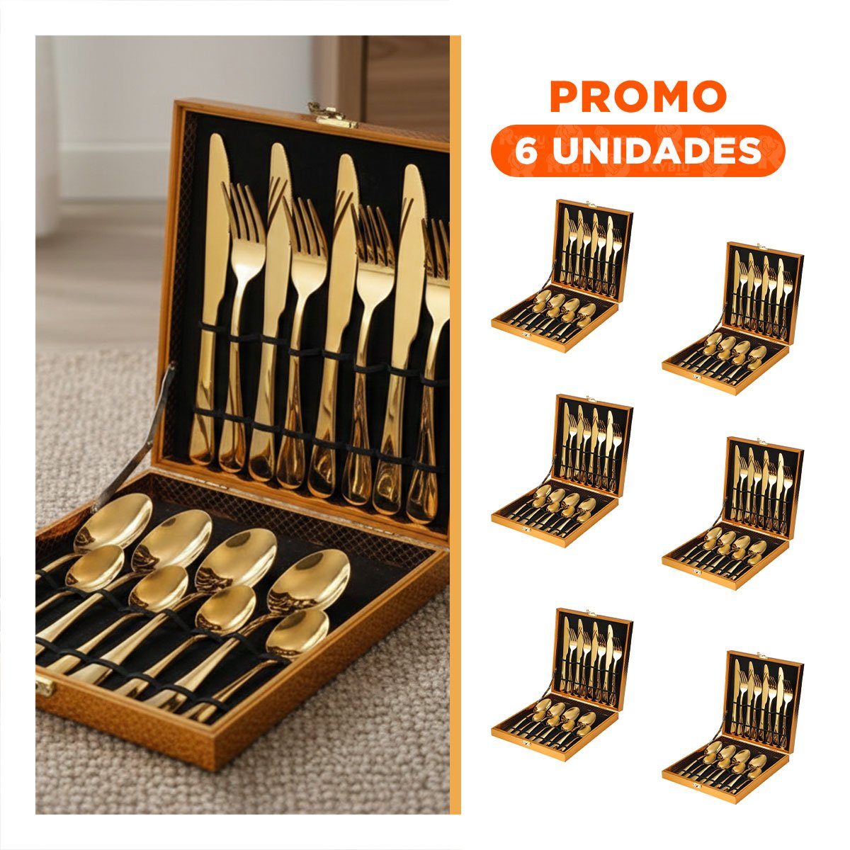 PACK6 SERVICIO 16 CUBIERTOS PRESENTACION EXCLUSIVA DORADO YREGALO STICKER - 1