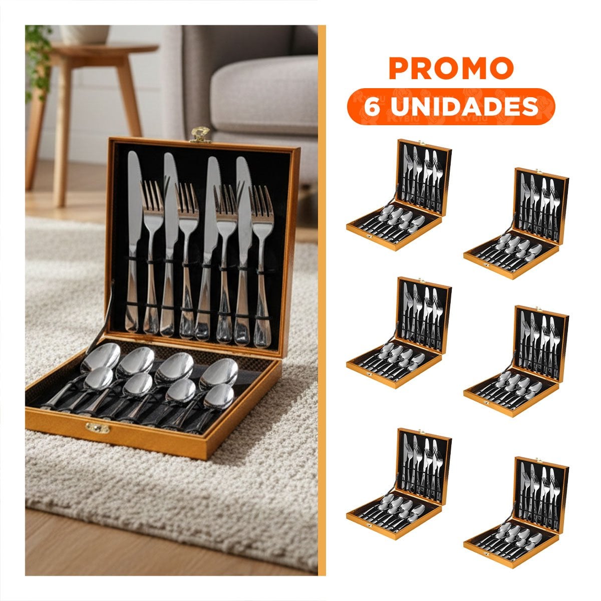 PACK6 LINEA ELEGANTE CON CUBIERTOS EN ESTUCHE PLATEADO YREGALO STICKER - 1
