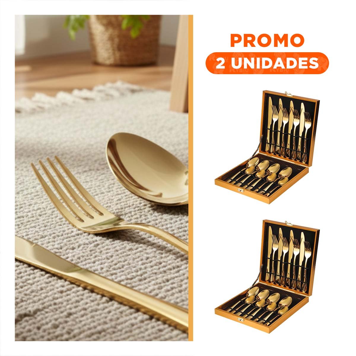PACK2 KIT COCINA 16 CUBIERTOS PARA COMIDAS ESPECIALES DORADO YREGALO STICKER - 1