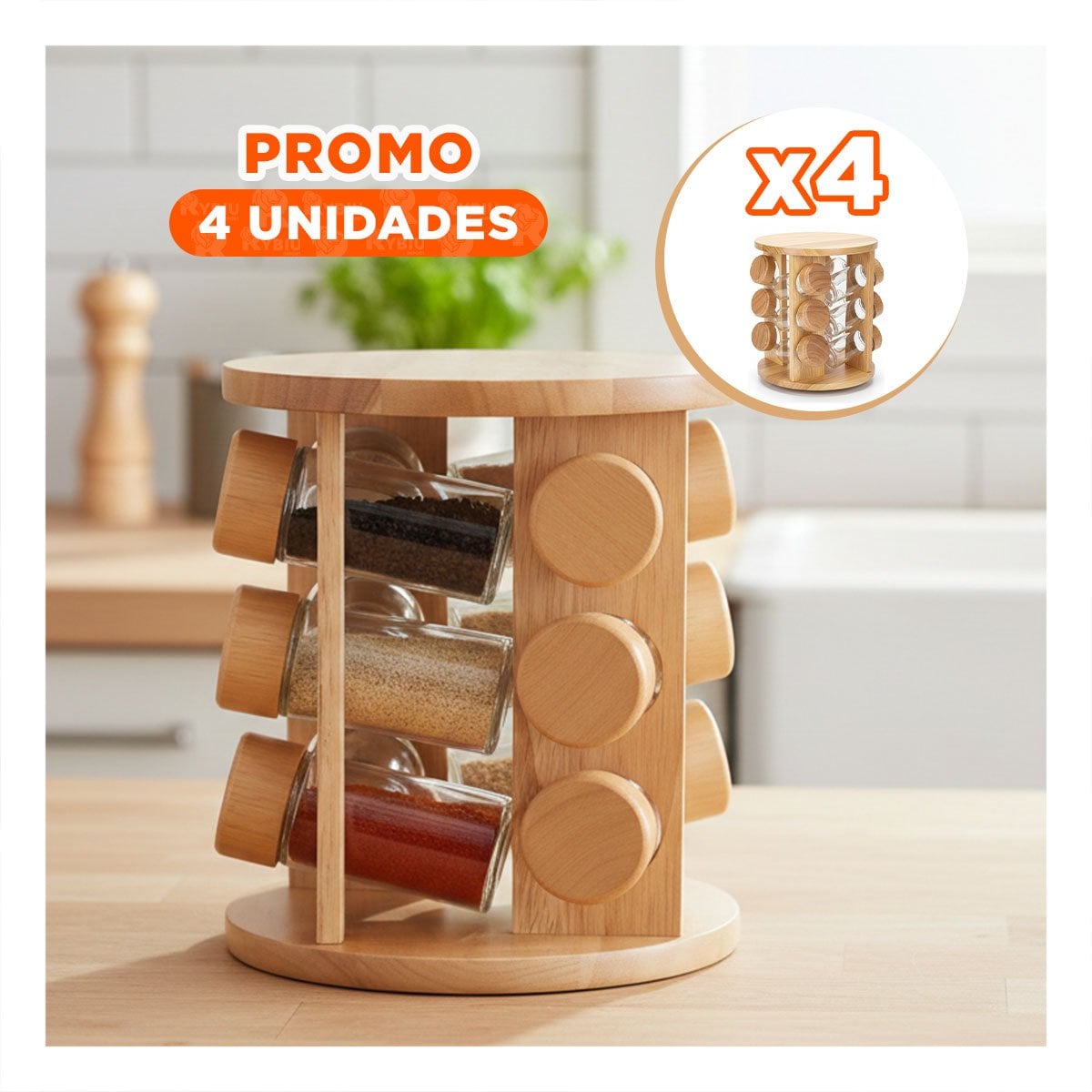 PACK4 ESPECIERO CIRCULAR GIRATORIO CON 12 FRASCOS Y SOPORTE MADERA YPAPEL REGALO - 1