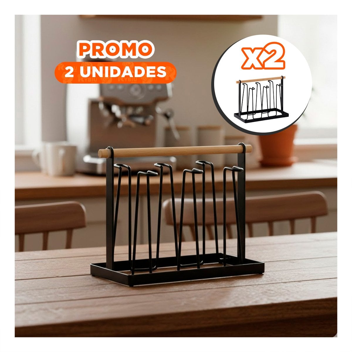 PACK2 EXHIBIDOR PORTA TAZAS 6 RAMAS COLOR NEGRO CON MANGO DE MADERA YPAPEL REGALO - 1