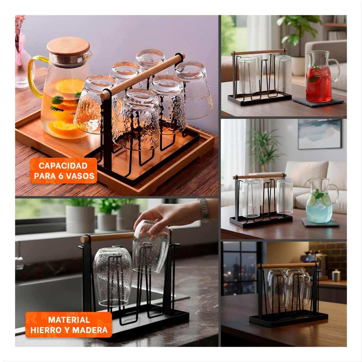 PACK2 EXHIBIDOR PORTA TAZAS 6 RAMAS COLOR NEGRO CON MANGO DE MADERA YPAPEL REGALO - 3