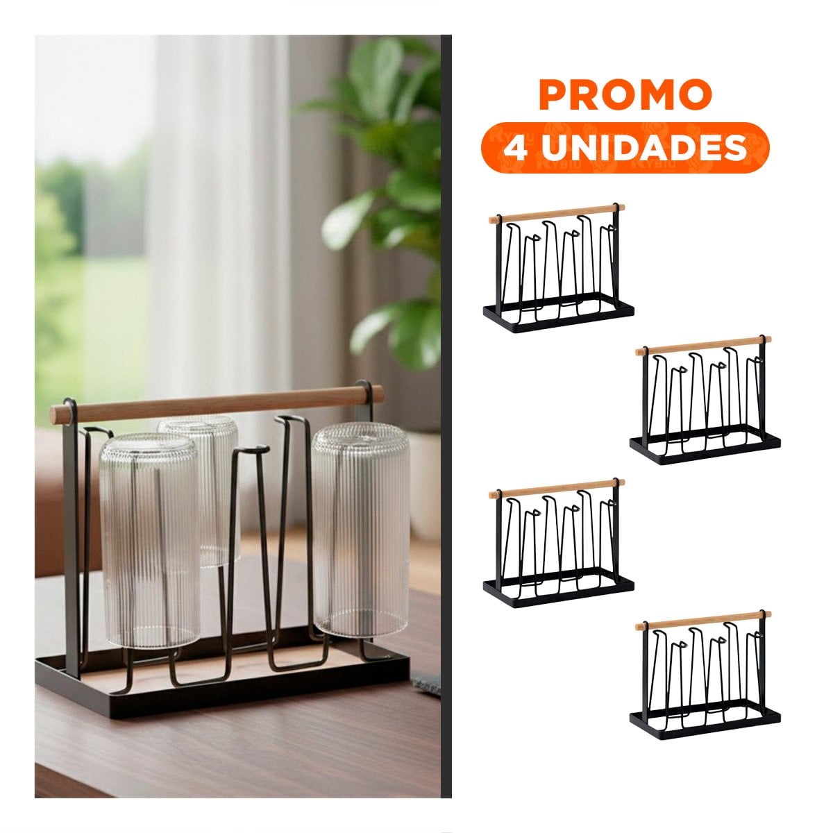 PACK4 PORTA TAZAS Y VASOS 6 RAMAS NEGRO CON MANGO DE MADERA - 1