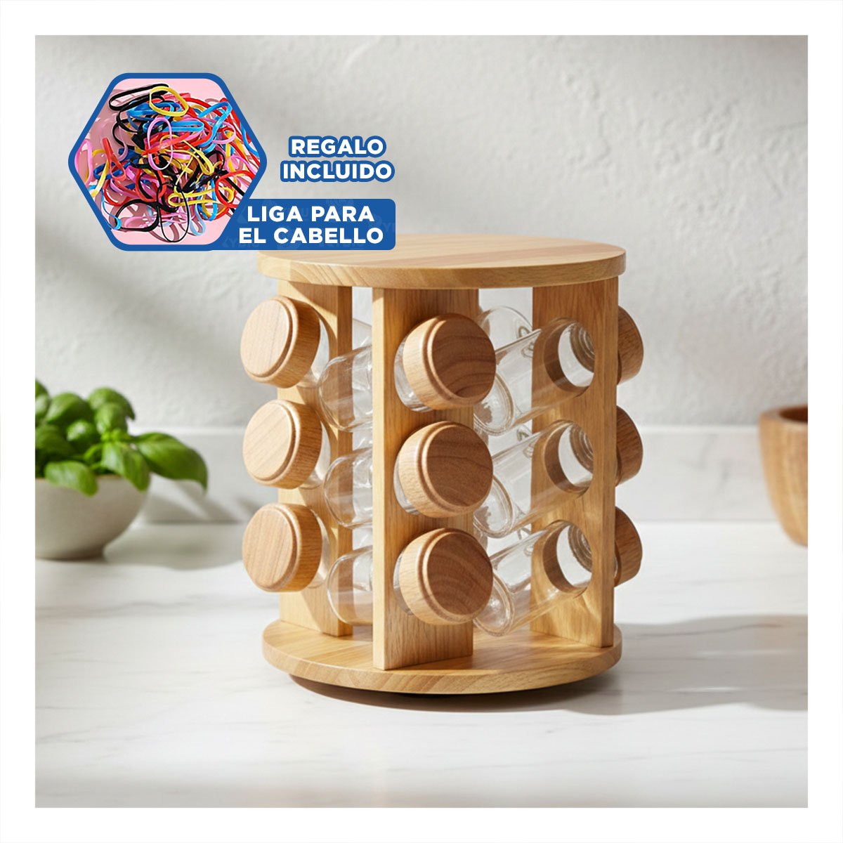 CONDIMENTERO DE COCINA GIRATORIO CIRCULAR CON 12 FRASCOS MADERA YLIGAS REGALO - 2