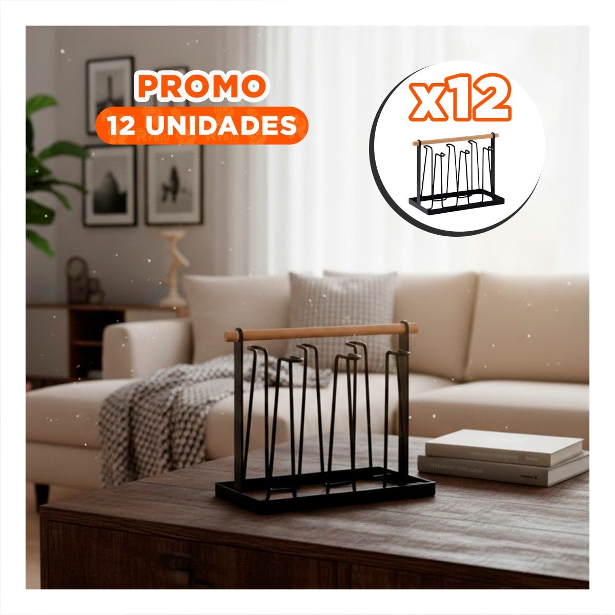PACK12 BASE PORTA VASOS 6 RAMAS NEGRO CON MANGO DE MADERA YREGALO STICKER - 1