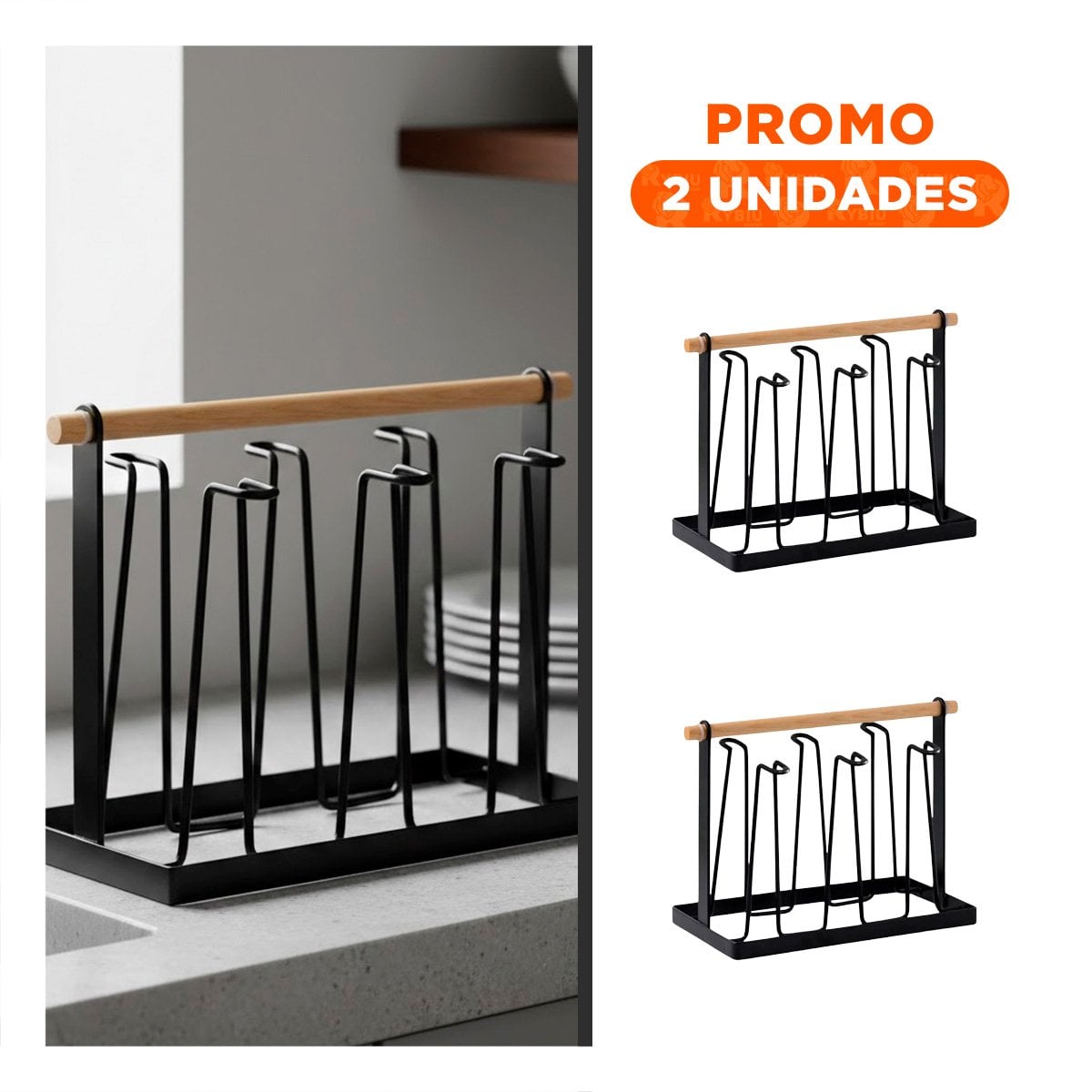 PACK2 SOPORTE DE COCINA PORTA VASOS 6 RAMAS NEGRO CON MANGO MADERA YREGALO STICKER - 1