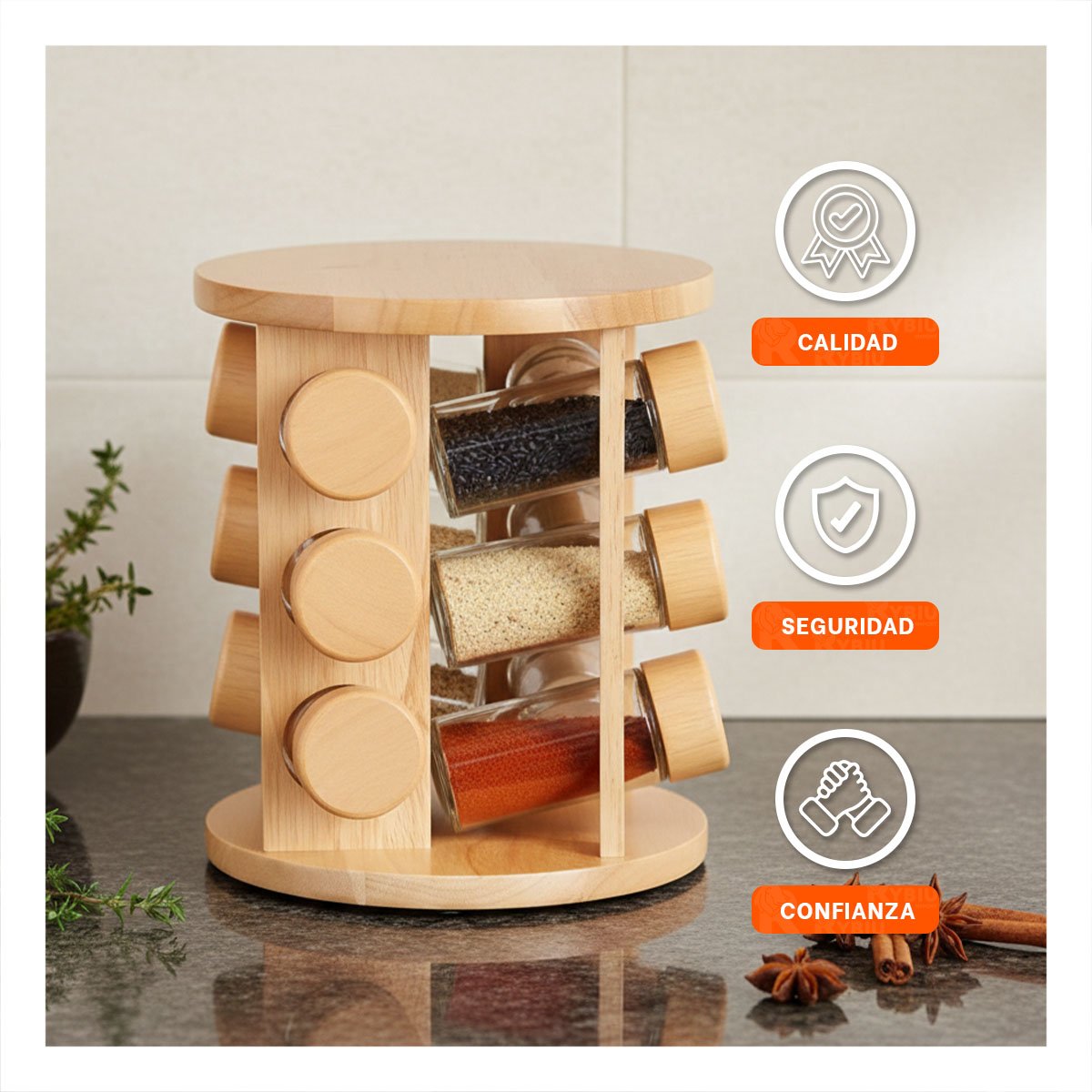ESPECIERO GIRATORIO 12 FRASCOS DISENO CIRCULAR CON BASE DE MADERA YPOST IT - 5