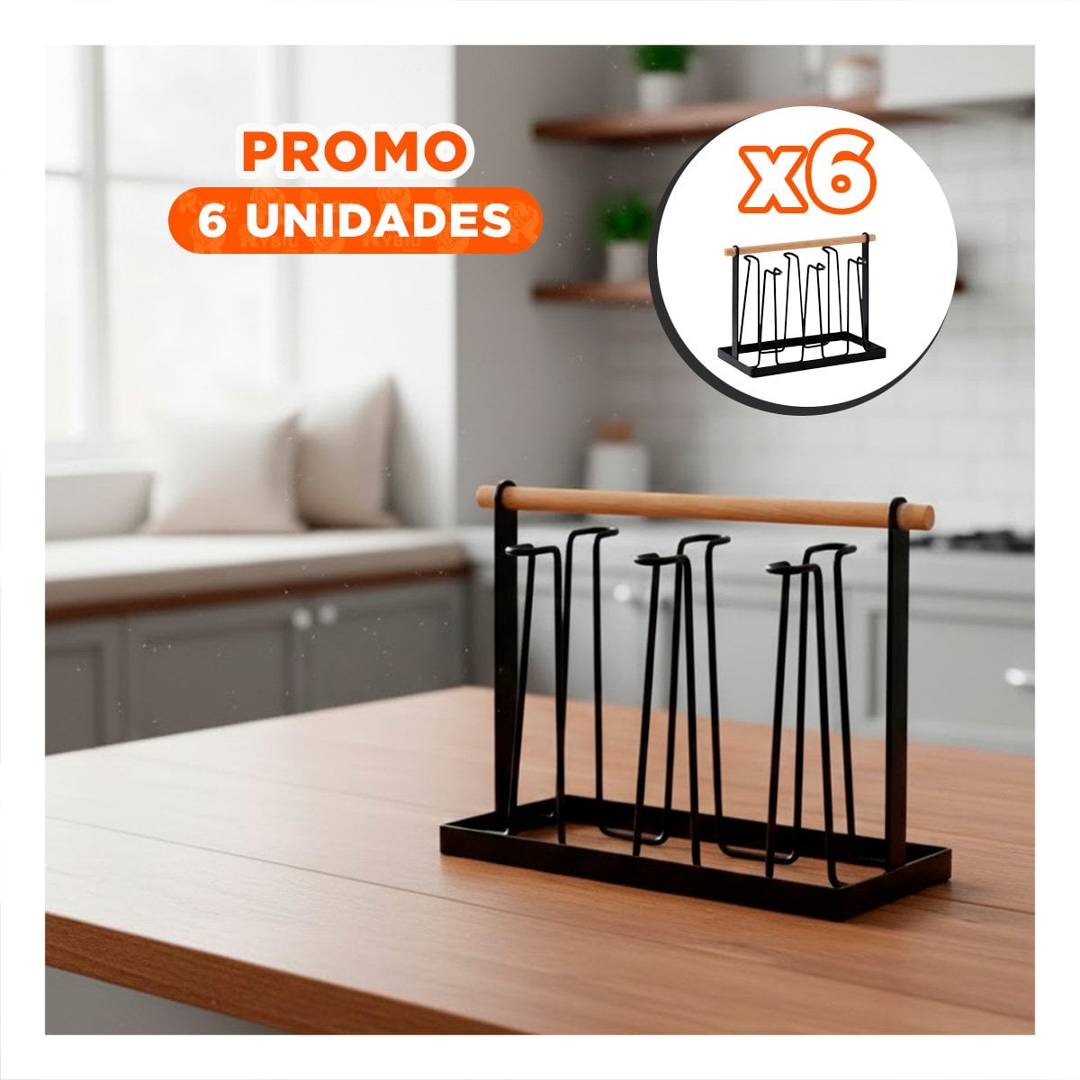 PACK6 SOPORTE PORTA TAZAS METAL NEGRO 6 RAMAS CON MANGO DE MADERA - 1