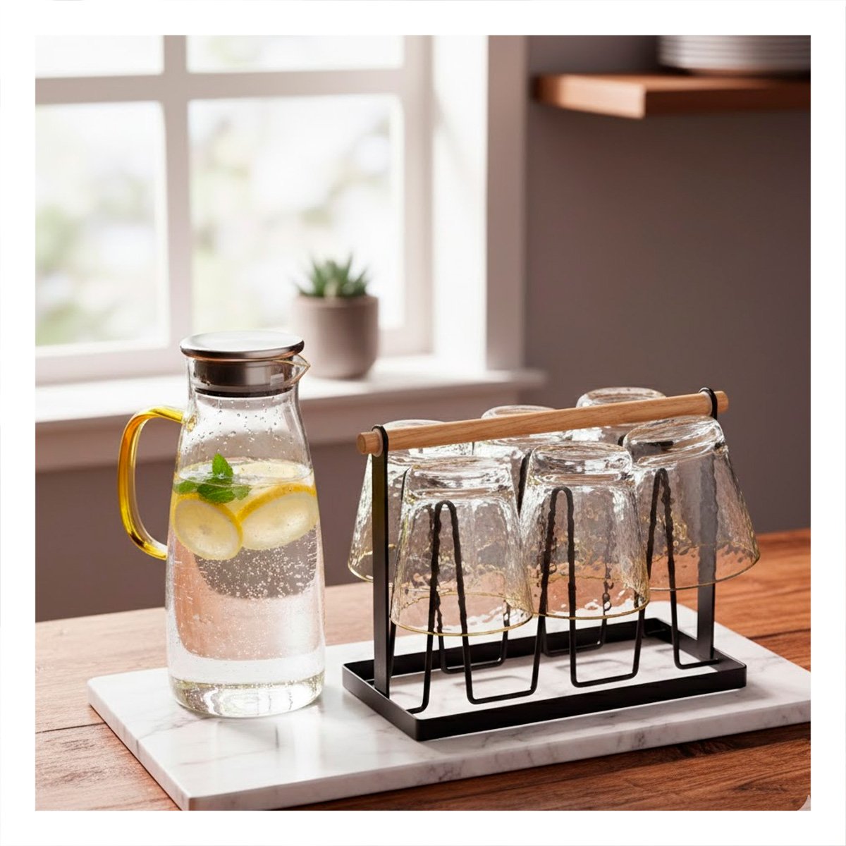 PACK6 SOPORTE PORTA TAZAS METAL NEGRO 6 RAMAS CON MANGO DE MADERA - 3