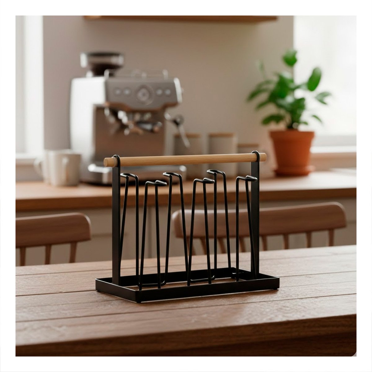 PACK6 SOPORTE PORTA TAZAS METAL NEGRO 6 RAMAS CON MANGO DE MADERA - 5