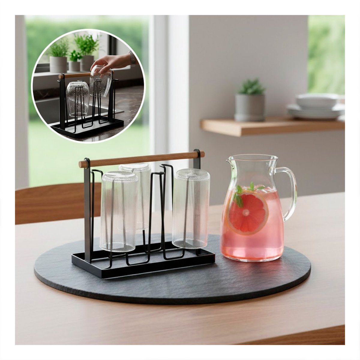 SOPORTE PORTA VASOS DE 6 RAMAS NEGRO CON MANGO DE MADERA NATURAL YPAPEL REGALO - 2