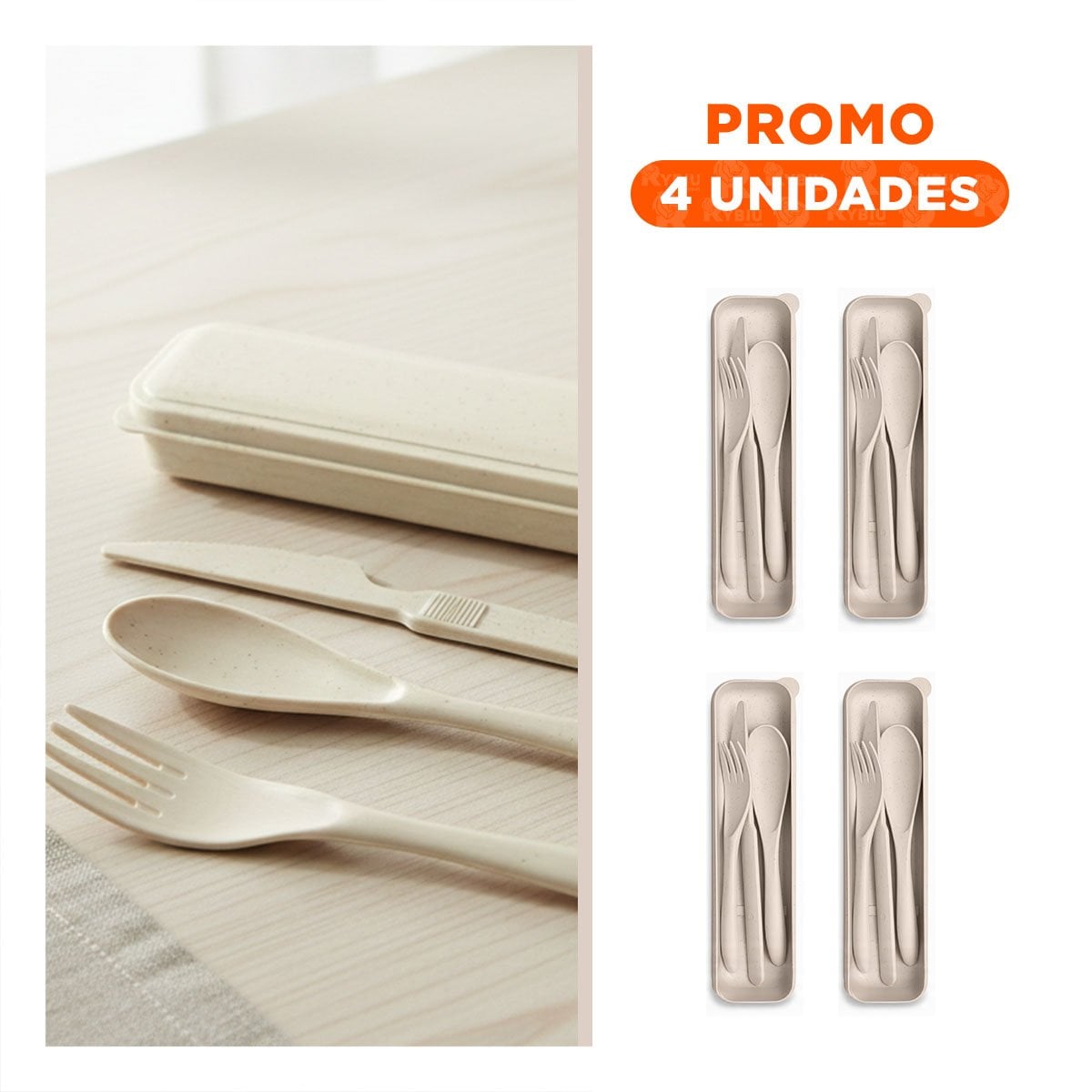 PACK4 KIT DE 3 CUBIERTOS ECOLOGICOS CON ESTUCHE COMPACTO BEIGE - 1