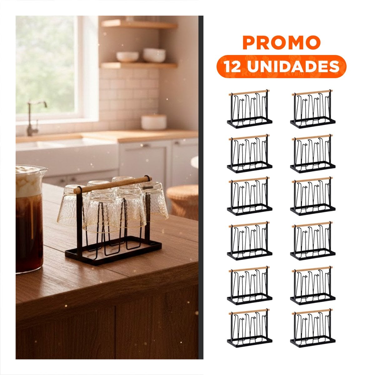 PACK12 SOPORTE ORGANIZADOR PORTA VASOS 6 RAMAS NEGRO MANGO MADERA - 1