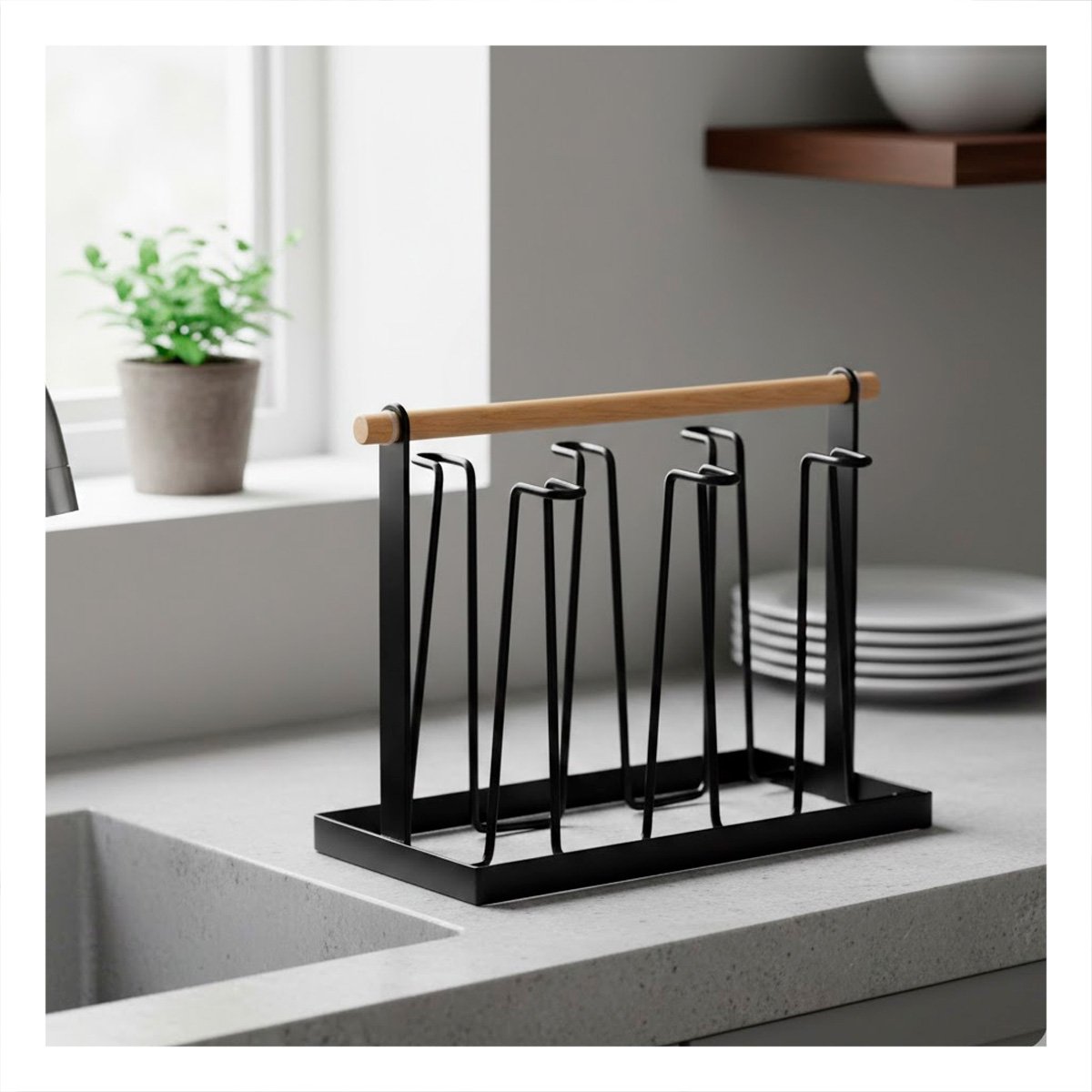 PACK12 SOPORTE ORGANIZADOR PORTA VASOS 6 RAMAS NEGRO MANGO MADERA - 5