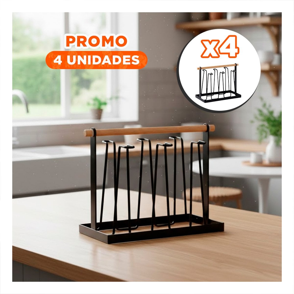 PACK4 PORTA VASOS DE ENCIMERA 6 RAMAS NEGRO MANGO DE MADERA YREGALO STICKER - 1