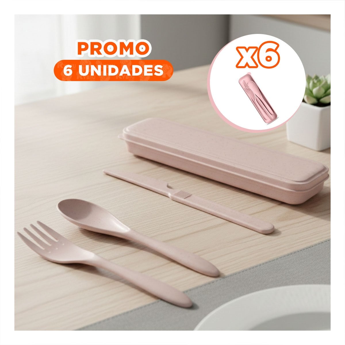 PACK6 SET 3 CUBIERTOS REUTILIZABLES CON ESTUCHE PARA ESCUELA ROSADO YPAPEL REGALO - 1