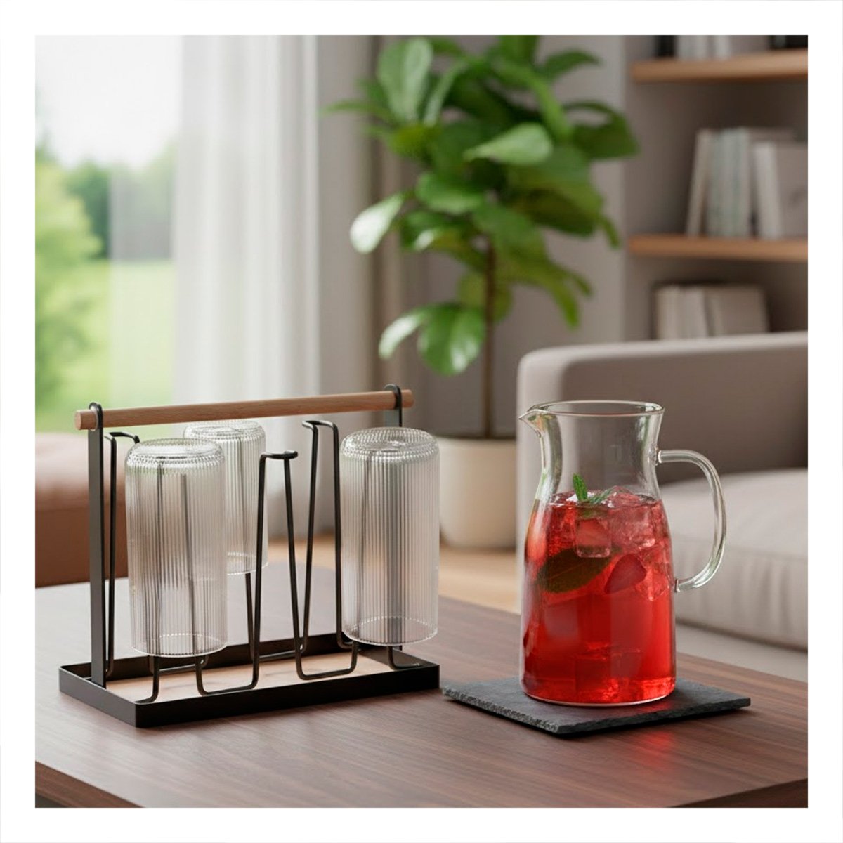 PACK12 PORTA TAZAS COMPACTO 6 RAMAS NEGRO CON MANGO DE MADERA YPAPEL REGALO - 3