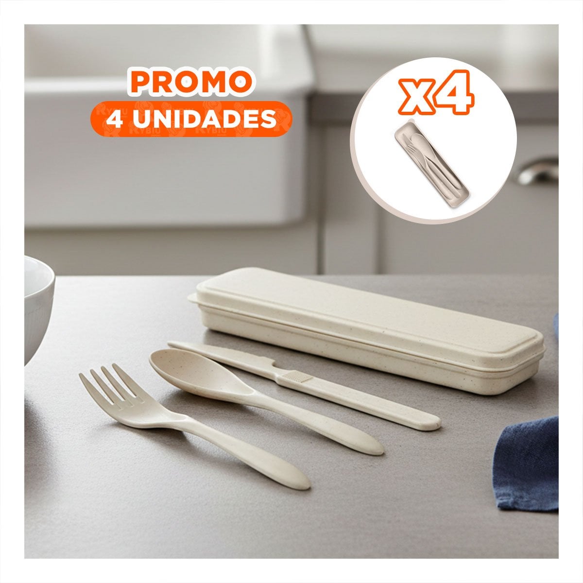 PACK4 SET 3 CUBIERTOS CON ESTUCHE PORTATIL PARA OFICINA BEIGE YPAPEL REGALO - 1