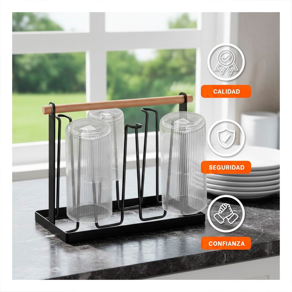 SOPORTE PARA VASOS Y TAZAS DE 6 RAMAS NEGRO MANGO MADERA YPOST IT - 5